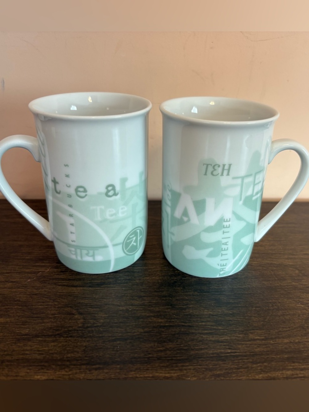 Starbucks Vintage 1998 The Tea/Tee Teh  4" Cup Mug Mint Green White Set Of 2